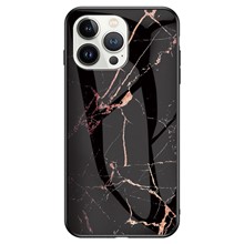 For iPhone 14 Pro Max 6.7 inch Drop-proof Phone Case Marble Pattern Tempered Glass + PC + TPU Hybrid Cover - Gold Black Marble