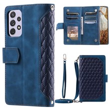 For Samsung Galaxy A33 5G Phone Case, 005 Style Magnetic Phone Leather Case Rhombus Texture Anti-fall Zipper Pocket Stand Wallet Flip Protector with Strap - Blue