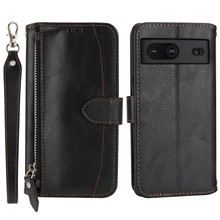 For Google Pixel 7 5G Stand Wallet PU Leather + TPU Phone Case Zipper Pocket Magnetic Closing Shell with Long  /  Short Straps - Black