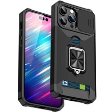 For iPhone 14 Pro 6.1 inch Card Slot Design Phone Case Hard PC Soft TPU Hybrid Slide Camera Lens Cover Design Kickstand Back Cover - Black