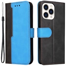 For iPhone 14 Pro Max 6.7 inch Business Style PU Leather Dual-Color Splicing Phone Wallet Cover Flip Stand Anti-Drop Case - Blue
