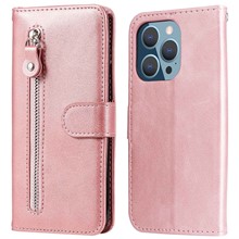 For iPhone 14 Pro 6.1 inch Shockproof Phone Case Outer Zipper Pocket PU Leather Stand Wallet Cover - Rose Gold