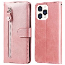 For iPhone 14 Pro Max 6.7 inch Bump Proof Phone Case Outer Zipper Pocket PU Leather Stand Wallet Cover - Rose Gold