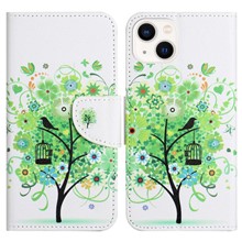 For iPhone 14 Plus Anti-wear Pattern Printing Case Cross Texture PU Leather Wallet Protective Shell with Stand - Green Tree