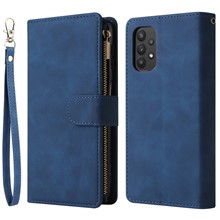 For Samsung Galaxy A32 5G / M32 5G Multi Card Slots PU Leather Full Protection Phone Cover Zipper Pocket Design Wallet Stand Case - Blue
