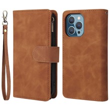 For iPhone 13 Pro Max 6.7 inch PU Leather Multi Card Slots Phone Wallet Stand Cover Zipper Pocket Design Anti-drop Case - Brown