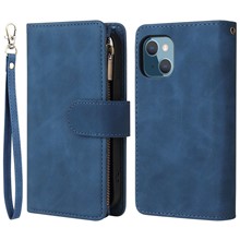 For iPhone 14 Plus Zipper Pocket Card Slots Design PU Leather Phone Cover Wallet Stand Drop-proof Case - Blue