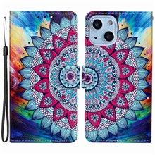 Pattern Embossed Phone Case for iPhone 14 6.1 inch, PU Leather TPU Wallet Stand Shockproof Cover with Hand Strap - Mandala Flower