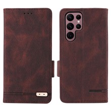 For Samsung Galaxy S22 Ultra 5G Hardware Decor Drop-proof Phone Case PU Leather+TPU Anti-wear Wallet Stand Shell - Coffee