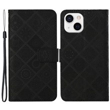 For iPhone 14 6.1 inch Ethnic Style Flower Imprinted Case Anti-scratch PU Leather Stand Wallet Feature Phone Shell - Black