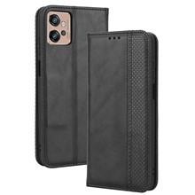 For Motorola Moto G32 4G Magnetic Auto Closing Retro Imprint Pattern PU Leather Wallet Case Phone Stand Shell Cover - Black