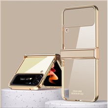 For Samsung Galaxy Z Flip4 5G Electroplating Frame Transparent Hard PC Phone Case Folding Shell with Hinge - Gold