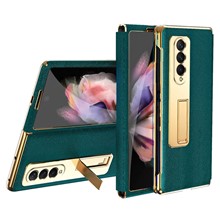 Anti-drop Back Cover For Samsung Galaxy Z Fold3 5G, Electroplating Cross Texture Phone Case Kickstand with Tempered Glass Film - Green
