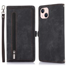 For iPhone 14 Plus Zipper Pocket Design Cellphone Wallet Case 9 Card Slots PU Leather Stand Cover with Wrist Strap - Black