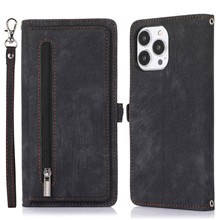 For iPhone 14 Pro Max 6.7 inch 9 Card Slots Phone Wallet Case Zipper Pocket Design Full Protection PU Leather Stand Cover with Wrist Strap - Black