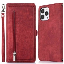For iPhone 13 Pro Max 6.7 inch Multi-Functional 9 Card Slots Stand Protective Cover PU Leather Wallet Case with Zipper Pocket and Wrist Strap - Red