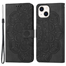 For iPhone 14 6.1 inch Mandala Flower Imprinted PU Leather Magnetic Flip Cover Stand Feature Hand Strap Wallet Purse Case - Black