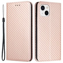 For iPhone 14 6.1 inch Carbon Fiber Texture PU Leather Case Auto Magnetic Closed Flip Stand Wallet Cover - Rose Gold