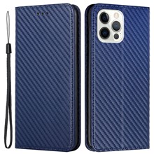 For iPhone 14 Pro Max 6.7 inch Well-protected Carbon Fiber Texture PU Leather Case Auto Magnetic Closed Flip Stand Wallet Cover - Blue