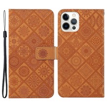 For iPhone 14 Pro 6.1 inch Ethnic Style Flower Imprinted PU Leather Case Stand Wallet Magnetic Clasp Phone Cover - Brown