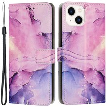 For iPhone 14 / 13 6.1 inch Marble Pattern Printing Stand Phone Case PU Leather Magnetic Clasp Wallet Cover with Strap - Purple