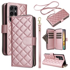 For Samsung Galaxy S24 Ultra Case with Shoulder Strap Rhombus Wallet Leather Phone Cover - Rose Gold