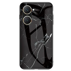For vivo Y03 Printed Phone Case Tempered Glass+PC Back Cover with TPU Edges - Black Marble