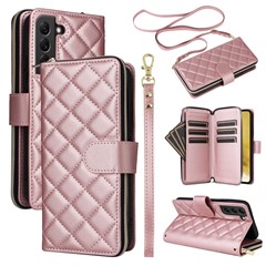 For Samsung Galaxy S22+ 5G Case Rhombus Zipper Pocket Leather Phone Cover with Straps - Rose Gold