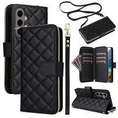 For Samsung Galaxy S23 FE Case Rhombus Zipper Pocket Leather Phone Cover with Straps - Black