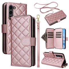 For Samsung Galaxy S23+ Case Rhombus Zipper Wallet Leather Phone Cover with Straps - Rose Gold