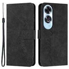 For Oppo A60 4G Case Heart Imprinted PU Leather Wallet Phone Cover with Strap - Black