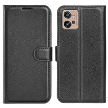For Motorola Moto G32 4G Litchi Texture Folio Flip Case PU Leather Wallet Stand Magnetic Clasp Phone Cover - Black