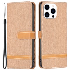 For iPhone 16 Pro Case Jeans Cloth Texture Wallet Splicing Phone Leather Cover -  Brown