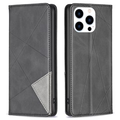 For iPhone 16 Pro Case Rhombus Texture PU Leather Phone Cover Hidden Magnetic Absorption - Black