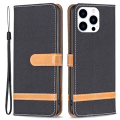For iPhone 16 Pro Max Case Jeans Cloth Texture Leather Wallet Cover - Black