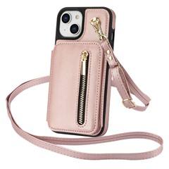 For iPhone 15 Case Zipper Leather+TPU Kickstand Phone Cover with Shoulder Strap - Rose Gold
