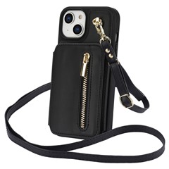 For iPhone 14 Plus Case Kickstand Zipper Pocket Leather+TPU Phone Cover  - Black