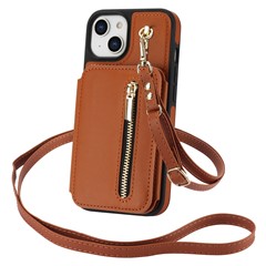 For iPhone 14 Case Zipper Pocket Leather Coated TPU Crossbody Phone Cover - Brown