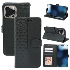 For iPhone 16 Pro Max Case Cubic Grid Imprinted Leather Phone Cover with Wallet - Black