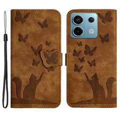 For Xiaomi Redmi Note 13 Pro 5G / Poco X6 5G Case Butterfly Cat Imprinted Leather Flip Phone Cover - Brown