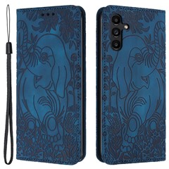 For Samsung Galaxy A15 4G / 5G Case Elephant Pattern Leather Phone Protection Cover - Blue