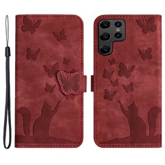 For Samsung Galaxy S24 Ultra Case Butterfly Cat Pattern Leather Book Style Flip Cover - Red