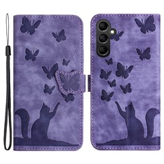 For Samsung Galaxy A54 5G Case with Hand Strap Butterfly Cat Imprint Leather Phone Cover - Purple