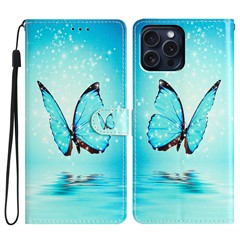 For iPhone 16 Pro Max Case Pattern Print PU Leather Card Slots Phone Cover with Wrist Strap - Blue Butterfly