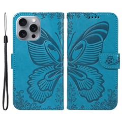 For iPhone 16 Pro Max Case Butterfly Imprint Anti-Shock Leather Phone Cover - Blue
