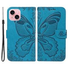 For iPhone 15 Case Leather Wallet Flip Phone Cover Butterfly Pattern - Blue