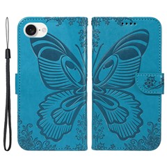 For iPhone 17e / 16e Case with Hand Strap Butterfly PU Leather Wallet Phone Cover - Blue
