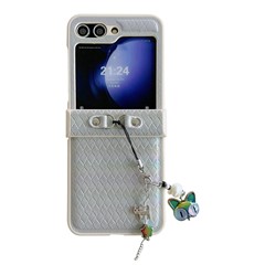 For Samsung Galaxy Z Flip5 5G Laser Rhombus Imprinted Phone Case PC+PU Leather Cover with Cat Head Pendant - Grey