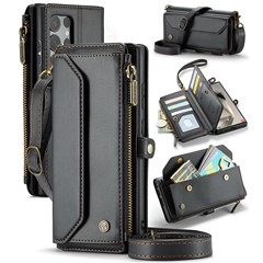 For Samsung Galaxy S24 Ultra Leather Case CASEME C36 Zipper Multiple Card Slots Phone Cover with Straps - Black