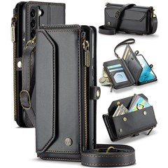 For Samsung Galaxy S22 5G Leather Case CASEME C36 Zipper Multiple Card Slots Phone Cover with Straps - Black